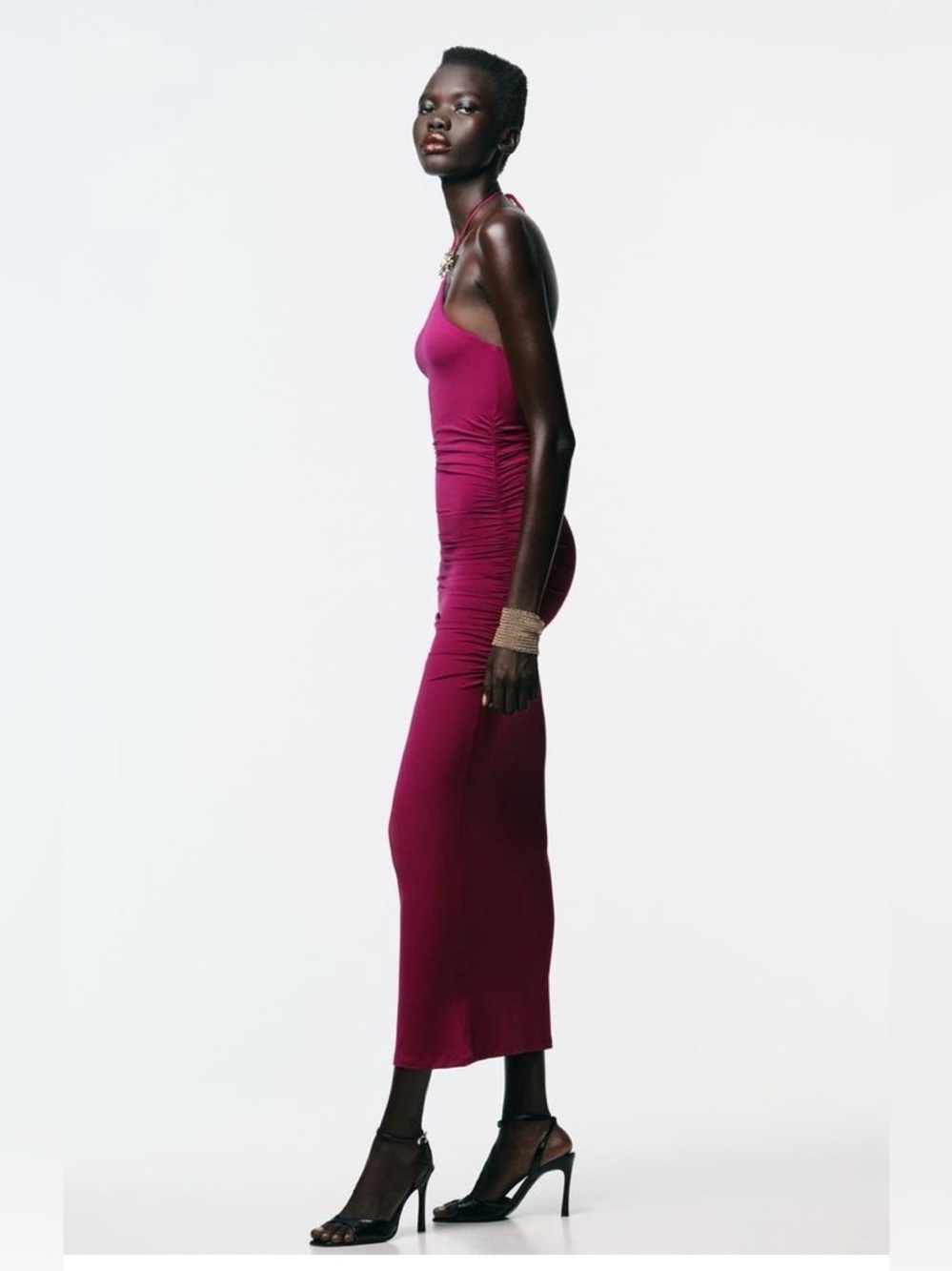 ZARA Ruched Halter Midi Dress in Deep Magenta size medium - Picture 3 of 13